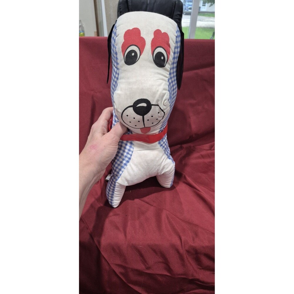Vintage GENIE TOYS Plush Blue & White Plaid Check DOG Carnival Prize Not A Spot